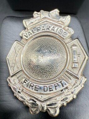 Vintage‎ Valparaiso Fire Dept. Badge Silver Tone Firefighter Insignia Emblem